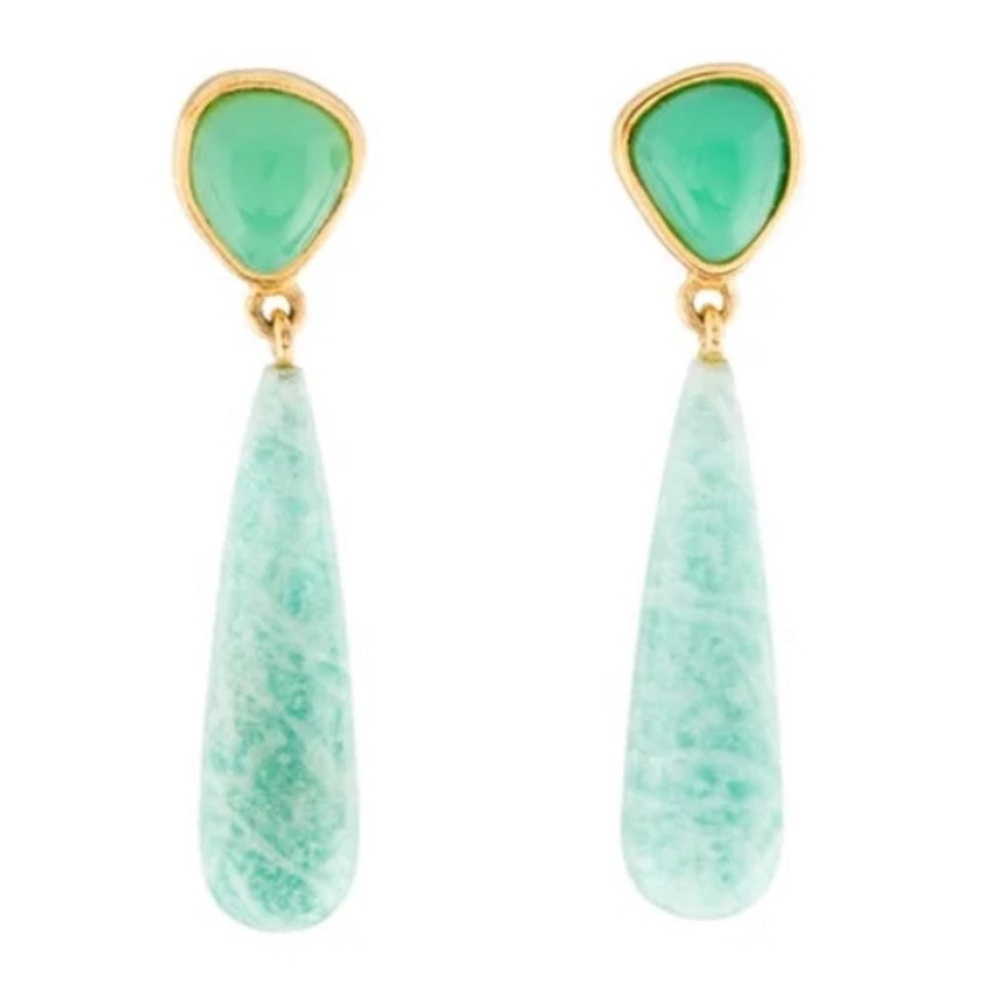Green Teardrop Dangle Earrings - Gold Accents